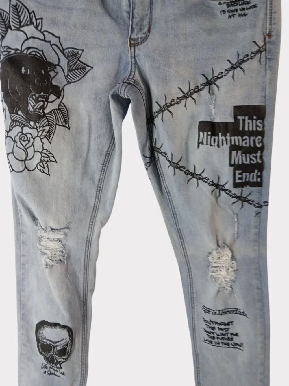 Ninth Hall Rogue Mens Printed Light Aged Skinny Jeans Size 32 Distressed Graphic